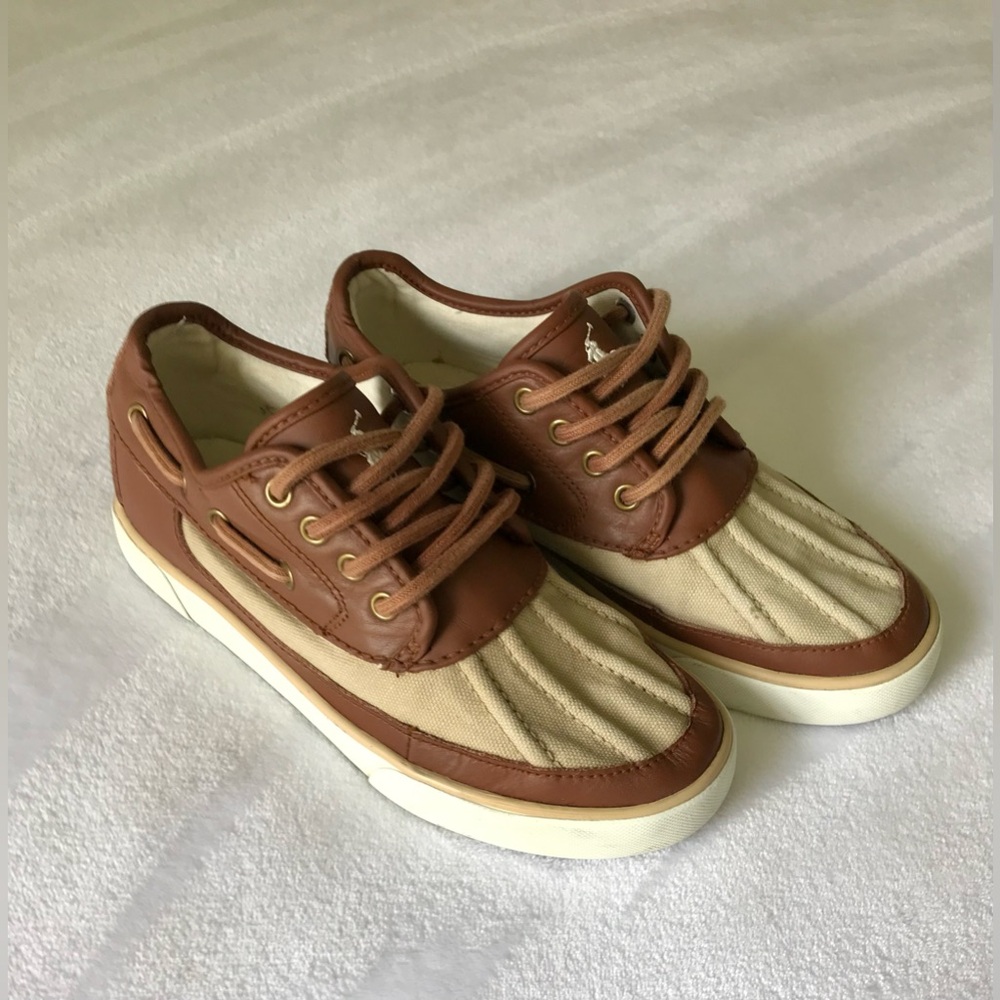 Vintage Polo Ralph Lauren Brown Leather And Canvas Boat Shoes Mens Boys size 2.5